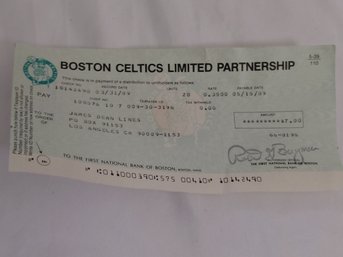 Authentic Boston Celtics Limited Partnership Dividend Check From 1989