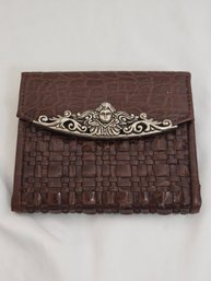 Vintage Brown Woven And Croc-embossed Leather Wallet With An Ornate Silver-tone Metal Clasp