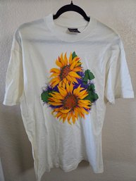 Vintage 1990s White Graphic T-shirt Featuring A Vibrant Double Sunflower And Green Leaf Art Print LG