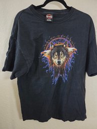 Vintage Harley-Davidson Black T-shirt Featuring A Center Graphic Of A Wolf And Twin Eagles Xl