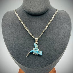 Sterling Silver Hummingbird Inlay Pendant  Turquoise & Opal  Signed SM