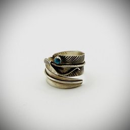 Chris Charley Navajo Sterling Silver Feather Bypass Ring W/ Turquoise