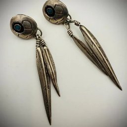 Sterling Silver Feather Dangle Earrings  Turquoise Accents  Navajo Style