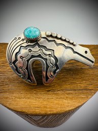 Vintage Sterling Silver Bear Ring Attributed To Jerry Roan  Turquoise, Size 6.5
