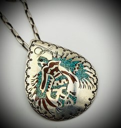 Vintage Navajo Sterling Silver Inlay Pendant & Handmade Chain  J. Franklin