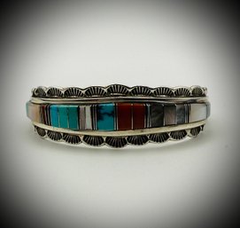 Authentic Navajo Harry Spencer Sterling Silver Multi-Stone Inlay Cuff Bracelet