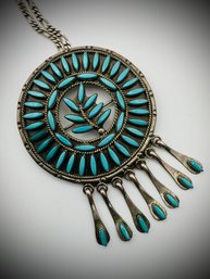 Vintage Zuni Sterling Silver Turquoise Needlepoint Pendant/Brooch  Signed FE