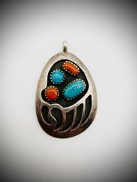 Vintage Navajo Bear Claw Pendant  Sterling Silver With Turquoise & Coral