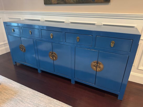 86' Blue Lacquer Alashan Sideboard With Brass Hardware