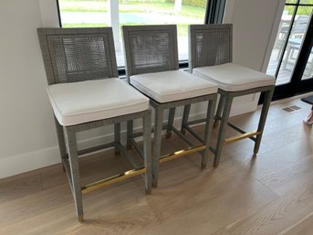 Set Of 3 Serena & Lily Balboa Rattan Counter Stools With White Cushions