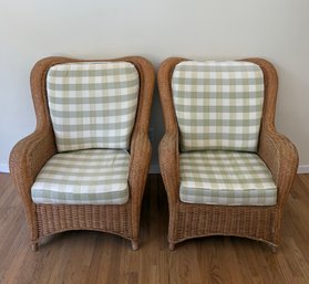 Pair Of Wicker Wingback Chairs With Checkered Green Cushions