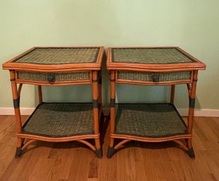 Pair Of Wicker And Bamboo Side Tables
