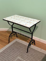 Vintage Wrought Iron Table With Floral Tiled Top