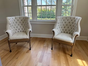 Pair Of Restoration Hardware Tufted Linen Chairs