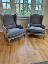 Pair Of Restoration Hardware Gray Velvet Wingback Chairs