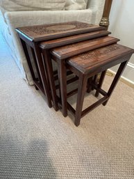Set Of 4 Hand Carved Nesting Tables With Brass Inlay