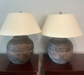 28' Pair Of Garrison Ceramic Table Lamp W Chrome Hardware