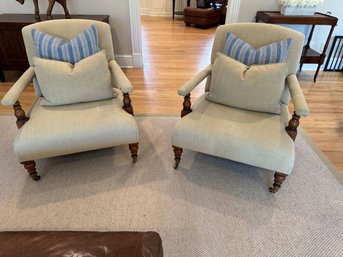 Pair Of Ralph Lauren Oliver Chairs In Beige And RL Blue Pillows