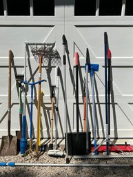 Lot Of Shovels, Rakes, Brooms And Brushes