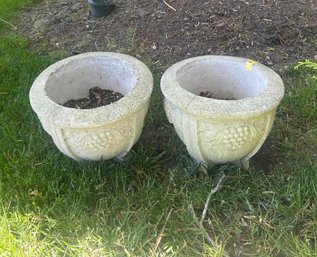 Pair Of Cement Planters With Grape Motiff