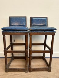 Pair Of Antique Bar Stools With Faux Snakeskin Upholstery