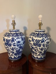28' Pair Of Blue And White Chinoiserie Style Porcelain Table Lamps