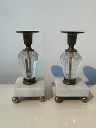 7' Vintage Marble Glass And Brass Candle Sticks