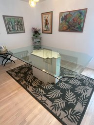 7' Cream Formica Based Glasstop Table W Brass Accents