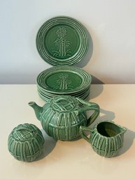 Tea Pot Set Of Bordallo Pinneiro Palm Tree With 8 Dessert Plates