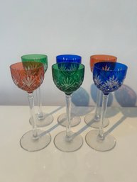 6 Cut Multicolored Crystal Cordial Glasses