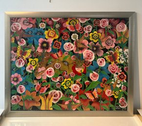 43x36 Raymond Arturo 'flowers And Birds' Acrylic On Canvas