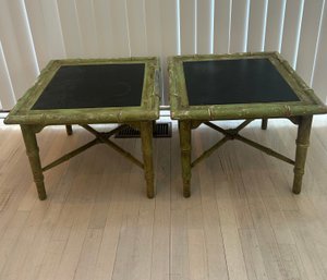 Pair Of Wood 'Bamboo' End Tables With Slate Inserts