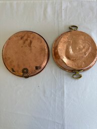 2 Vintage Round Copper Mould Wall Hangings With Brass Handles