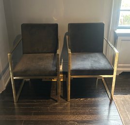2 Black Velvet Arm Chairs With Brass Base