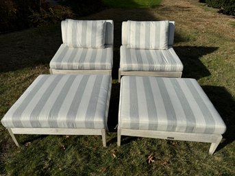 Pair Of Brown Jordan Armless Teak Chairs And Ottomans