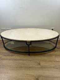 Oval Marble, Iron And Glass Coffee Table