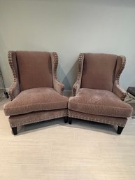 Pair Of Brown Quilt Pattern Wing Back Chairs With Nailhead Accents