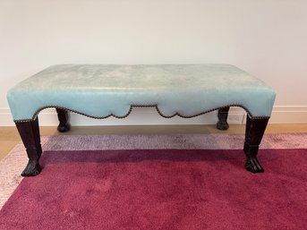 Leather Nailhead Bench With Carved Wood Legs