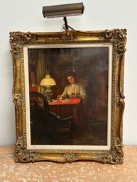 Antique Oil Painting Of Woman Playing Solitaire