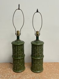 Pair Of Vintage Green Ceramic Bamboo Design Lamps
