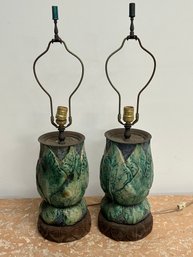 Pair Of Vintage Ceramic And Wood Table Lamps With Raised Leaf Design