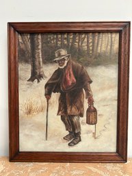 Antique Painting Of Man With Cane Oil On Canvas
