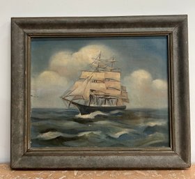 Antique Oil On Canvas Of Sailboat