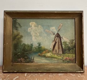Antique Oil On Canvas Of Windmill