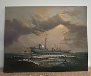 Oil On Canvas Of Fishing Boat. Artist Earl Collins