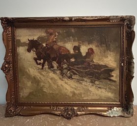 Signed Antique Oil On Canvas Of Horses Pulling Sled