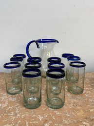 Pitcher & 12 Mexican Hand Blown Glasses W Blue Rim