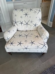 Custom Upholstered Oversized Armchair W Front Casters In Blue & White Starfish