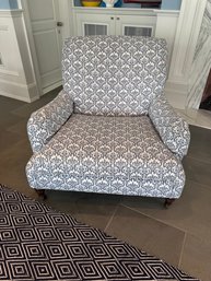 Custom Upholstered Oversized Armchair W Front Casters In Blue And White Damask