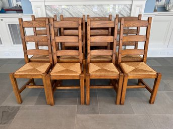 Set Of 8 Oak And Rush Seat Chairs